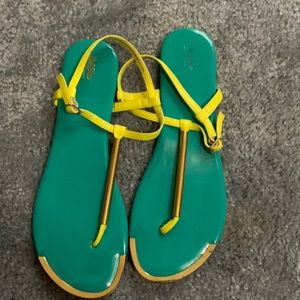 Teal, noen yellow and gold sandals